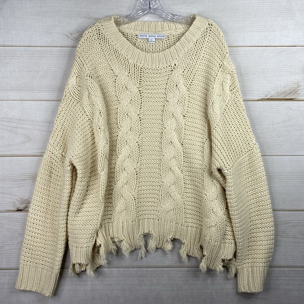 HYFVE Chunky Knit Sweater Womens L Cream Oversized Fringe Boho Dolman Sleeve